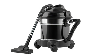 Sleek, modern, black canister vacuum cleaner with hose and attachments