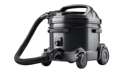 Sleek, dark canister vacuum cleaner on wheels with attached hose
