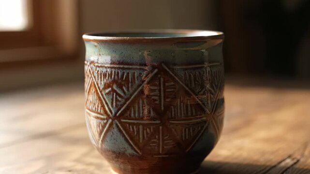 Rustic Ceramic Cup with Detailed Pattern on a Wooden Table