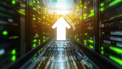 Data Center Ascent: An evocative image of a data center, highlighted by a radiant upward-pointing arrow. The scene, with its high-tech servers and atmospheric lighting, suggests growth, progress.