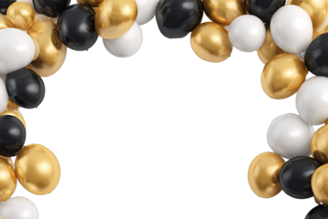 A festive arrangement of black, white, and gold balloons creates a decorative frame