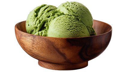 Creamy green scoops of ice cream served in a rustic wooden bowl