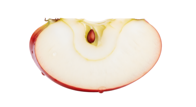 Fresh red apple slice close up macro image for healthy eating and fruit photography ideas on transparent background