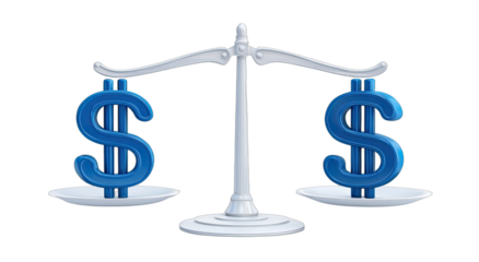 A balanced scale with two blue dollar signs on its plates