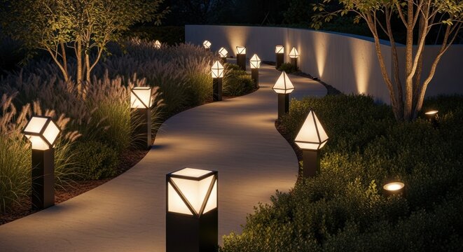 Illuminated Garden Pathway at Night with Modern Bollard Lights and Lush Greenery.