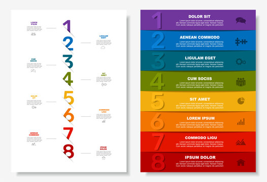 Dual infographic layouts with numbered steps, icons, and placeholder text for business, planning, or presentation purposes. Vector illustration.