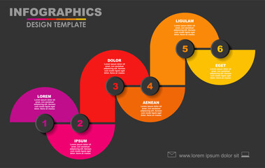Six-step horizontal timeline infographic with circular segments, icons, and text for business, planning, or presentation use. Vector illustration.