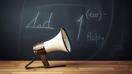 Vintage megaphone placed on a wooden surface before an empty chalkboard, representing retro communication.