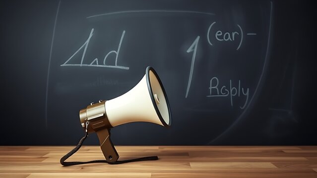 Vintage megaphone placed on a wooden surface before an empty chalkboard, representing retro communication.