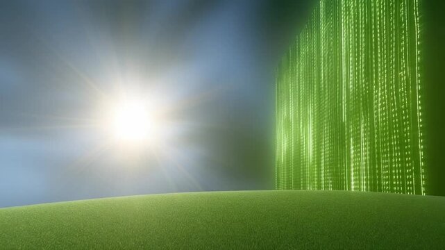 Green Data Tower: A conceptual image of a green data tower emerging from a green field with sun shine behind in the light. This image shows new technology and environmental friendliness. 