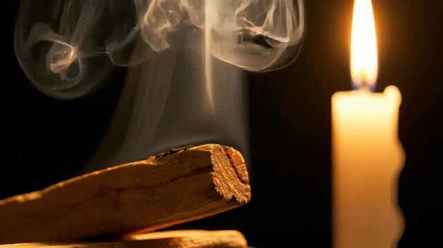 Smoldering palo santo stick burning emits fragrant smoke with a candle, highlighting its aromatic essence. Smoldering palo santo stick releases wisps into dimly lit space.
