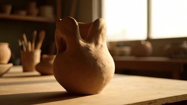 A clay pottery vase displayed on a wooden table inside a studio