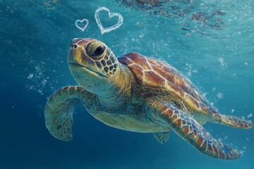 Fototapeta premium Cute sea turtle swimming underwater with soft sunlight and playful heart doodles creating a charming ocean wildlife scene with vibrant blue tones and friendly marine mood 