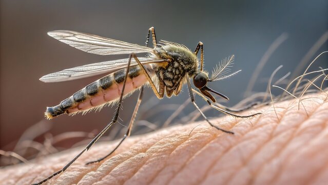 Close up macro of a mosquito biting human skin