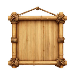 Rustic square bamboo sign with a blank wooden panel, tied with rope and hanging