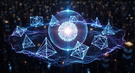 Futuristic network of glowing geometric shapes and sphere for technology, science, and data visualization projects, creating a modern and visually stunning effect