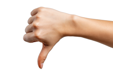 Fair-skinned hand giving a thumbs-down gesture, indicating disapproval or dislike