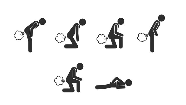 Farting Pictograms Set. Icons Showing a Person Passing Gas in Various Poses. Flatulence or Digestive Problems Vector Illustration.