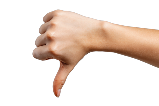 Fair-skinned hand giving a thumbs-down gesture, indicating disapproval or dislike