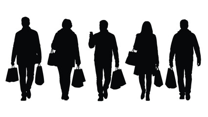 Silhouettes of People Walking with Shopping Bags. Group of diverse consumers carrying purchases, isolated black vector illustration on white background.