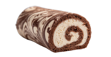 A delicious marble chocolate cake roll with creamy filling, isolated on black background