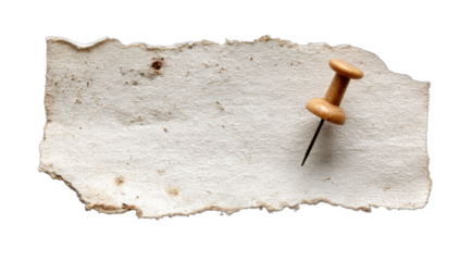 A vintage, torn piece of blank paper with rough edges, held by a wooden thumbtack