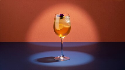 Chilled golden cocktail with flower garnish in wine glass under warm spotlight. Concept of luxury drinks, modern mixology, and upscale leisure.