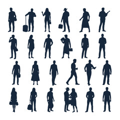 Diverse group of people silhouettes walking carrying bags and standing together