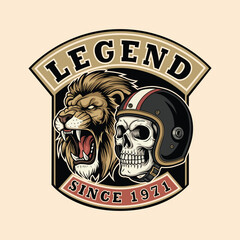 Bold legendary biker emblem featuring roaring lion and skull with helmet, a symbol of strength and heritage since 1971, perfect for edgy designs