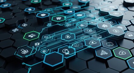 Modern digital network security concept featuring glowing data icons on hexagonal shapes for innovative technology solutions and dynamic cyber protection visuals