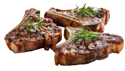 Sizzling grilled meat chops, seasoned with rosemary and spices, on a dark background