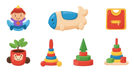 A charming collection of vibrant cartoon illustrations featuring baby items and playful toddler toys, perfect for early childhood development concepts