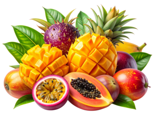 Two Tropical Fruit Harvest Variations with Mangoes, isolated on transparent background