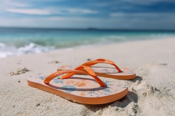 Close Up of Orange Flip Flops on White Sand Beach with Turquoise Water and Blue Sky in Tropical Location Showing Relaxation and Vacation