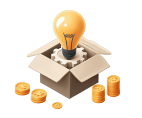 Glowing lightbulb and gear in an open box with various stacked coins