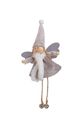 A whimsical Christmas ornament shaped like a small angel or fairy is photographed against a clean white background. 