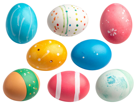 various painted Easter eggs isolated on transparent background