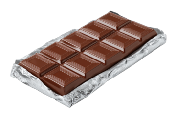A glossy, segmented chocolate bar partially unwrapped in crinkled silver foil