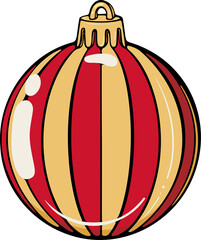 Christmas tree ball with red, gold stripes. For holiday decoration, greeting card, stickers, winter design. Simple vector color illustration with outline in hand drawn style isolated on white
