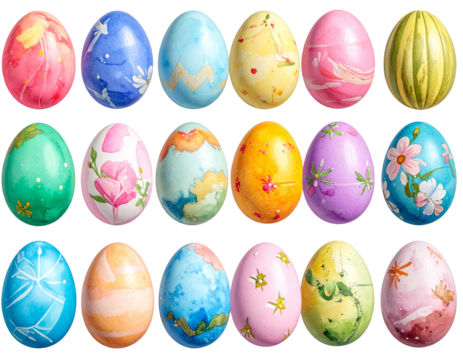 various painted Easter eggs isolated on transparent background