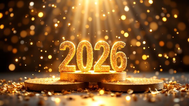 Golden Glow of 2026: A radiant spectacle of the future unfolds, with the year 2026 illuminated by a cascade of shimmering lights and golden confetti.