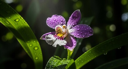 Close-up of a vibrant purple orchid with water droplets on its petals.