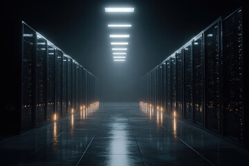 Dark Server Room Interior Perspective View with Reflective Surfaces and Overhead Lighting
