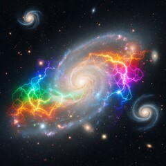 Obraz premium Vibrant Rainbow Lightning Galaxy Swirls in Deep Space.