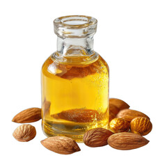 Small glass bottle filled with golden oil surrounded by almonds