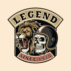 Legendary biker culture graphic with fierce lion and skull in helmet since 1978, perfect for bold designs, edgy brands, and vintage-inspired merchandise