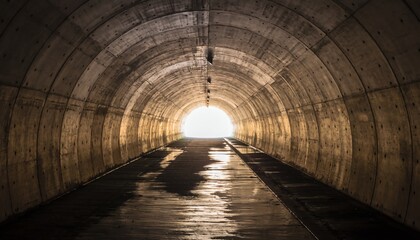 Light, shines, through, concrete, tunnel. Modern urban tunnel with glowing exit, conveying hope, direction, perspective, and a sense of journey ahead.
