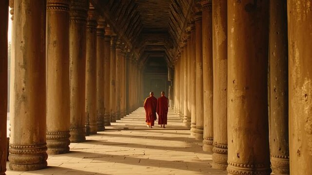 Asian temple culture scene with monks walking along corridor lined with golden columns, morning light streaming through ancient arches, architecture blending faith and harmony.