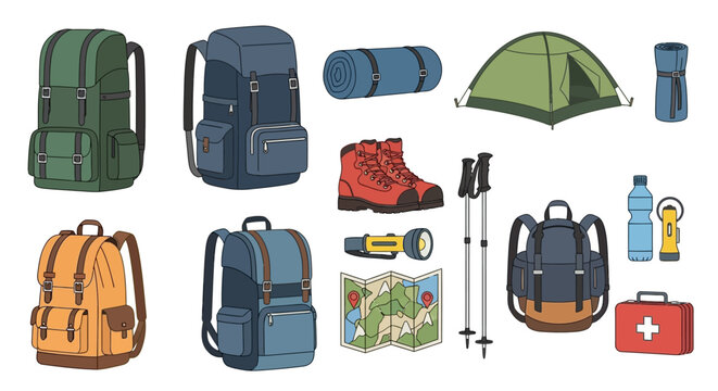 Vector Illustration Set of Essential Camping and Hiking Gear for Outdoor Adventures and Wilderness Expeditions, Ready for Any Journey
