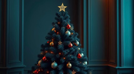 High-Resolution Christmas Tree in Rich Deep Teal with Luxurious Vibrant Commercial Lighting